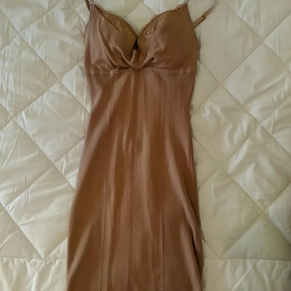 Short tan dress with attached laced bra